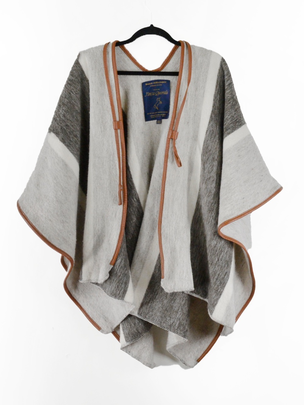 Mario Hernandez Luxury Virgin Wool Ruana Poncho Cape Handcrafted Leather Trim OS